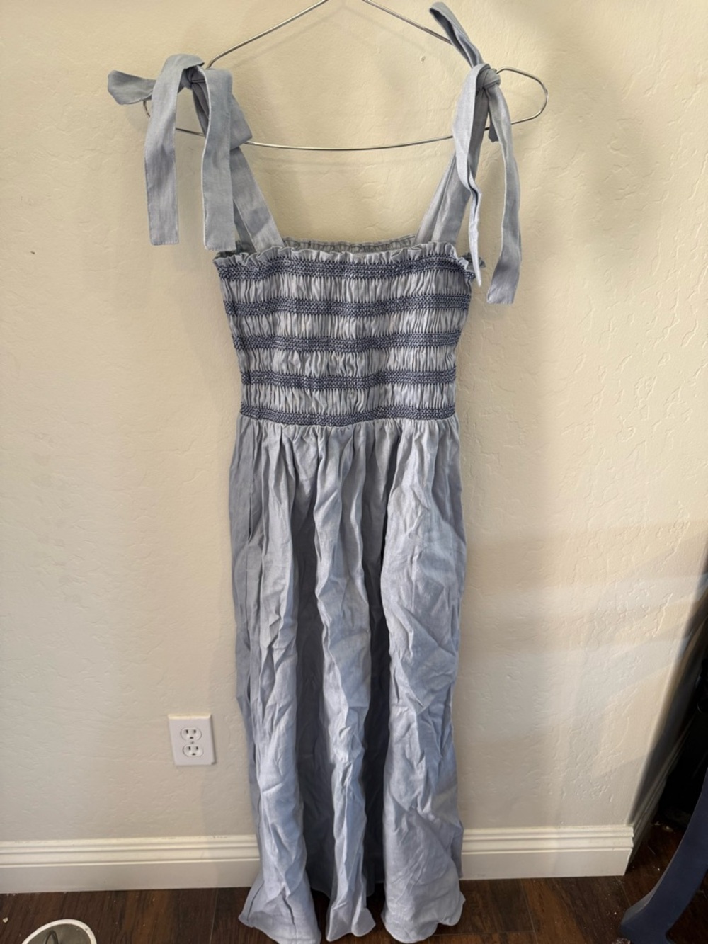 Smocked Tie-Shoulder Maxi Dress in Light Blue